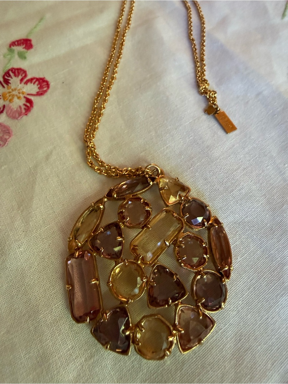Kate Spade Necklace Gold Tone MultiStone Pendant Pink Champagne “ Desert Stone”